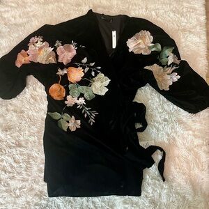 ASOS Black Velvet Floral Embroidered Mini Wrap Dress